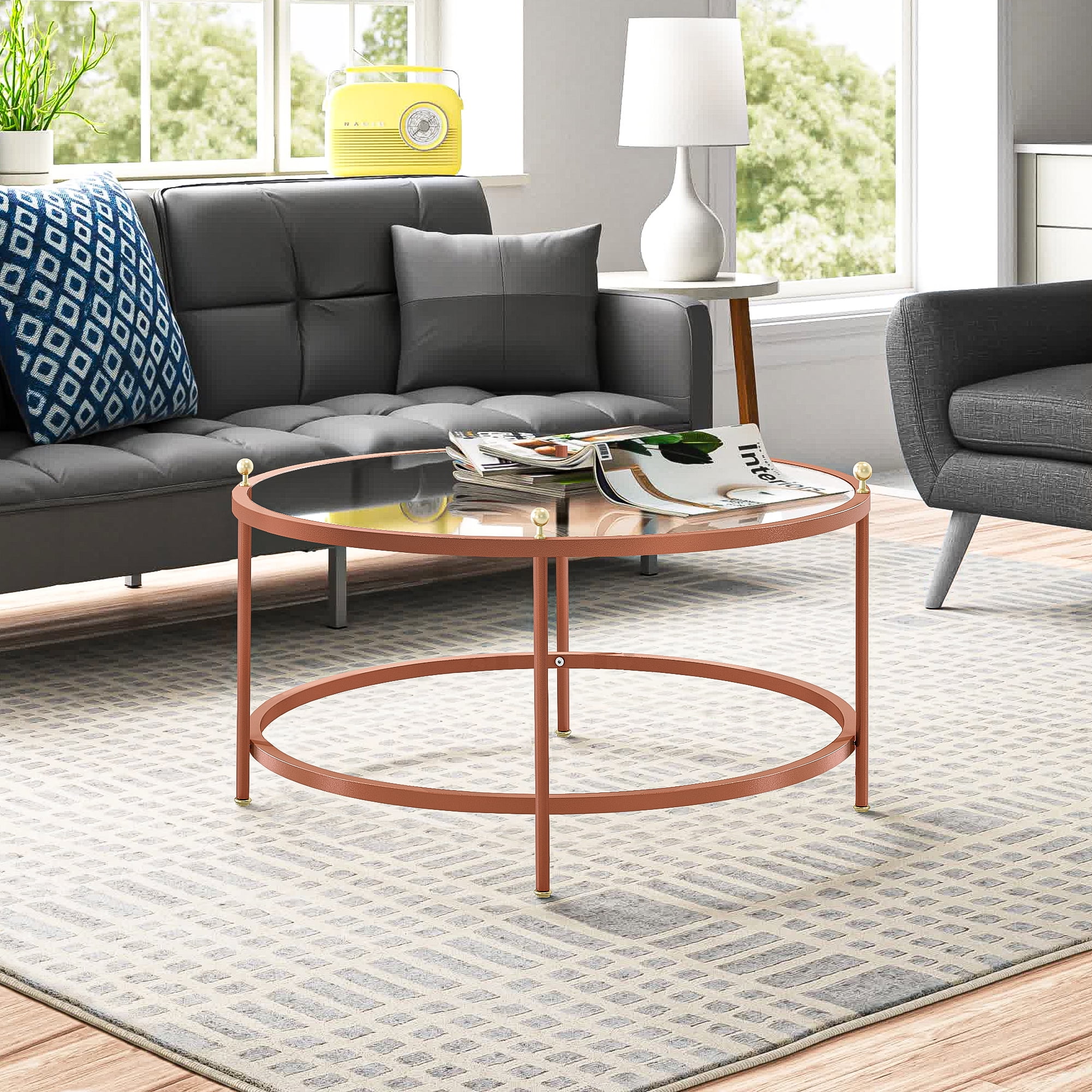 Yardi Yard Modern Tempered Glass Top Coffee Table, Clear Round Center Table Sofa Table with Metal Legs for Living Room Furniture Rose Gold Yardi Yard Modern Tempered Glass Top Coffee Table, Clear Round Center Table Sofa Table with Metal Legs for Living Room Furniture Rose Gold