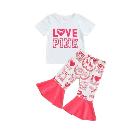 

Yinyinxull 2Pcs Girls Valentine s Day Outfits Letter Print Short-Sleeves T-Shirt Patchwork Bell-Bottoms for Kids White 2-3 Years