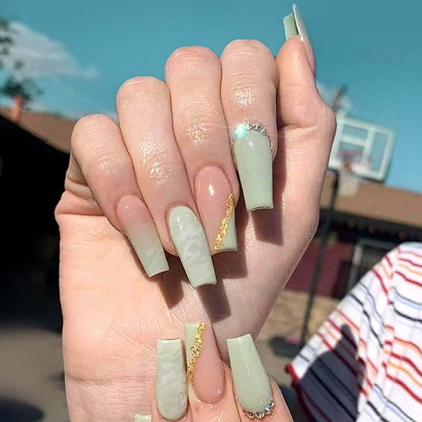 Press on Nails Long Acrylic Nails Coffin Fake Nails Green Nails with Rhinestones Press on Nails Long Acrylic Nails Coffin Fake Nails Green Nails with Rhinestones