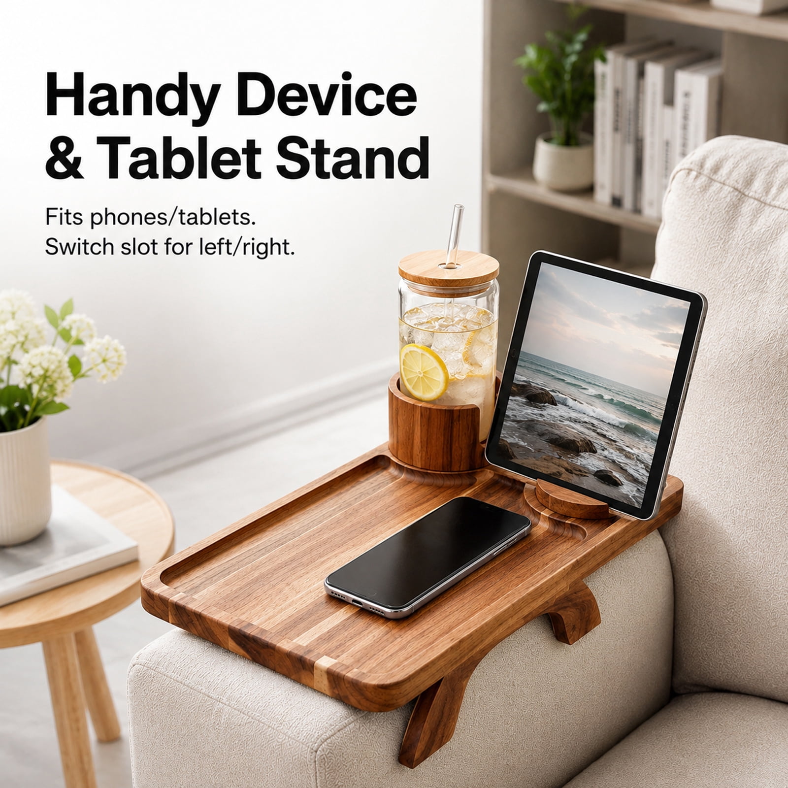 Alvantor Large Acacia Wood Sofa Arm Tray with 360° Rotation and Phone Holder