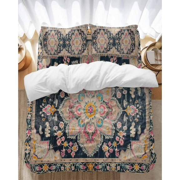 Black Boho Bedding Duvet Cover Set Full Size 4 Pieces Oriental Medallion Retro Distressed Bohemian Bedding Set with Zipper Closure, 1 Comforter Cover 86x86 Inches 1 Flat Sheet & 2 Pillow Cases