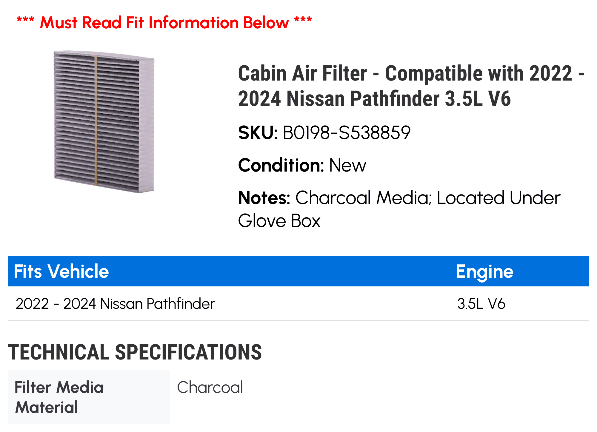 Cabin Air Filter - Compatible with 2022 - 2024 Nissan Pathfinder 3.5L V6 2023