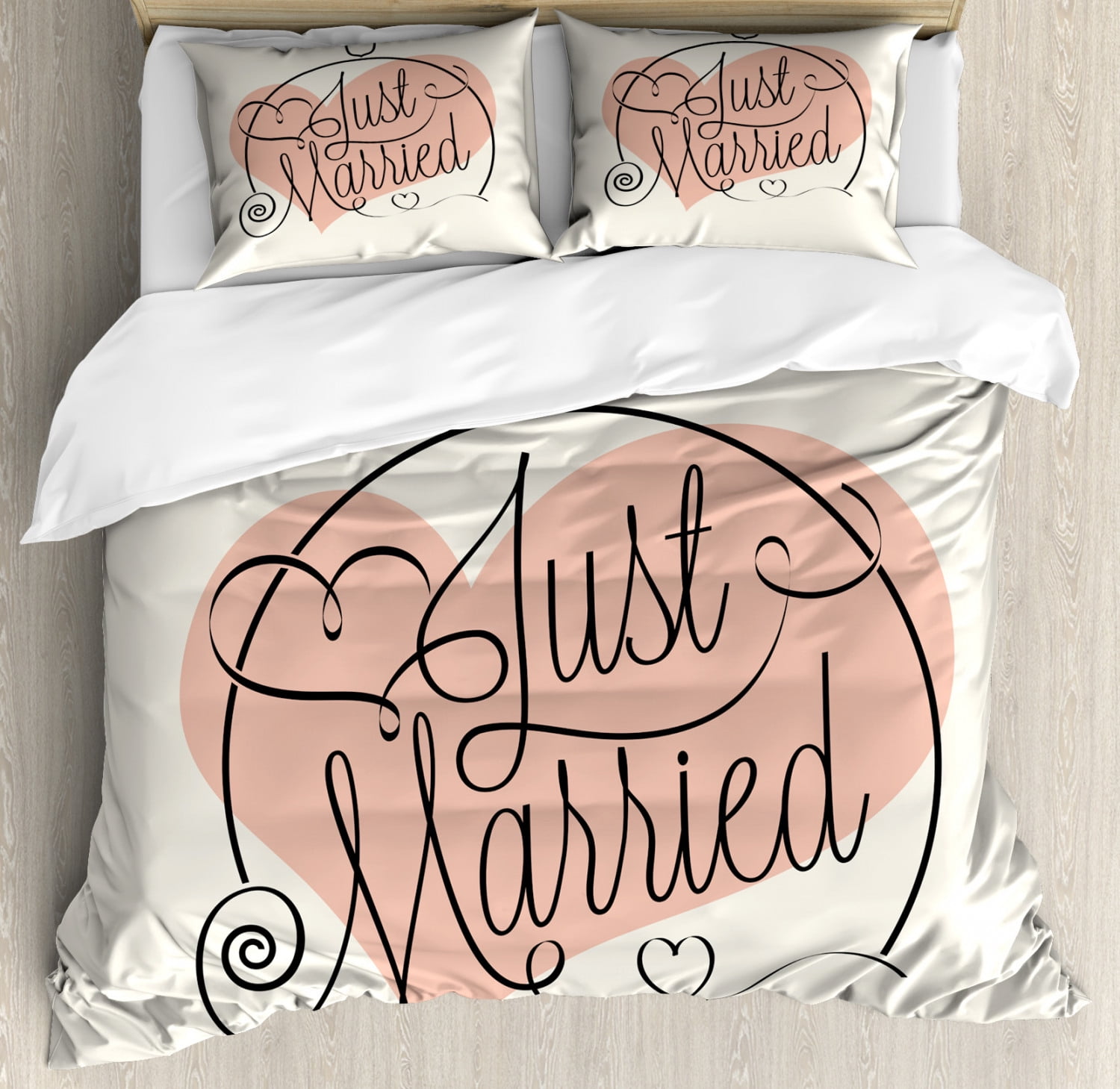 Wedding Duvet Cover Set, Stylized Hand Writing of Just Married on Pink Heart Tulip Flower Art