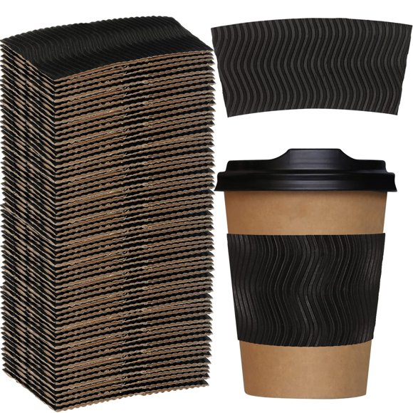 Patelai 100 Pcs Manchons Jetables Noirs pour Tasses à Café pour Boissons Chaudes, Motif Ondulé, Manchons en Papier Ondulé pour Isolation Thermique, Convient à 12, 1