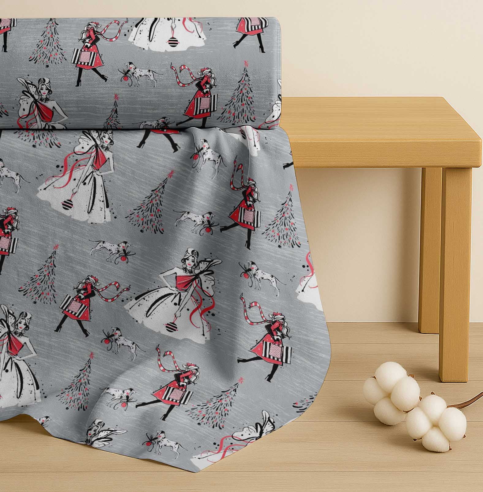 Soimoi Cotton Cambric Fabric Dog,Women & Tree Christmas Print Fabric by the Yard 42 Inch Wide