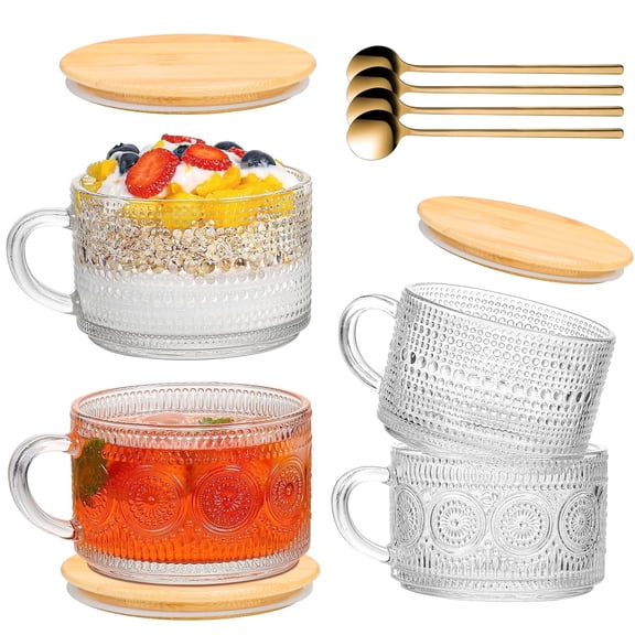 TINANA Vintage Coffee Mugs: 4 pack Clear Embossed Glass Cups, 14oz Overnight Oats Containers with Bamboo Lids and Spoons, Cute Coffee Bar Accessories, Iced Coffee Glasses