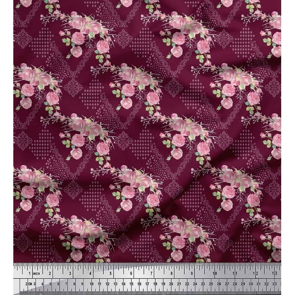 Soimoi Purple Cotton Duck Fabric Damask & Rose Floral Decor Fabric Printed Yard 42 Inch Wide