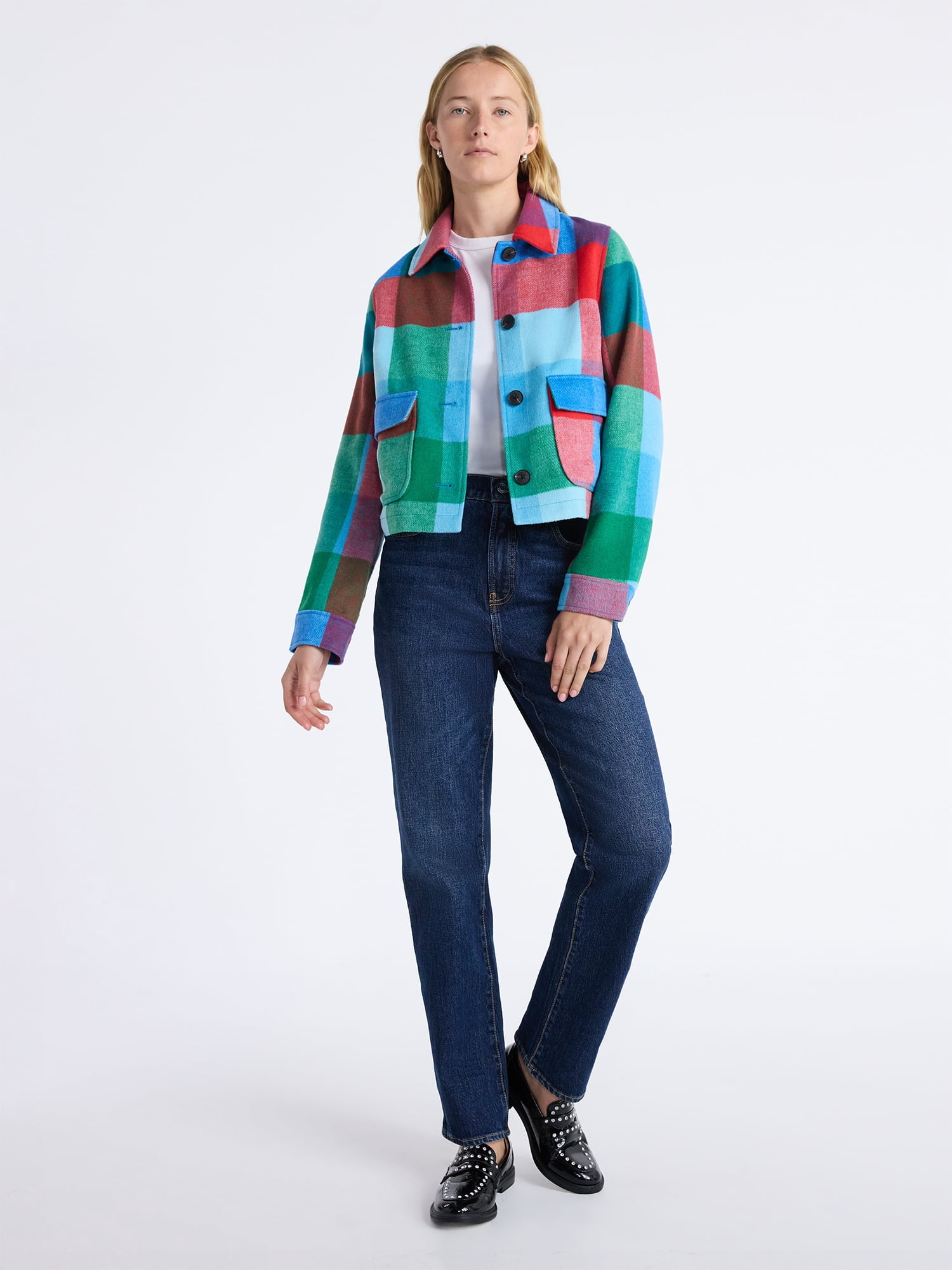 Free Assembly Women's Plaid Cropped Chore Jacket, Sizes XS-XXL