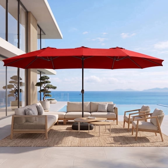 Meetleisure 15FT Large Patio Umbrella with Base Included, Outdoor Double Sided Rectangle Umbrella, Crank Handle, 12 Sturdy Ribs, for Deck Porch Pool, Red