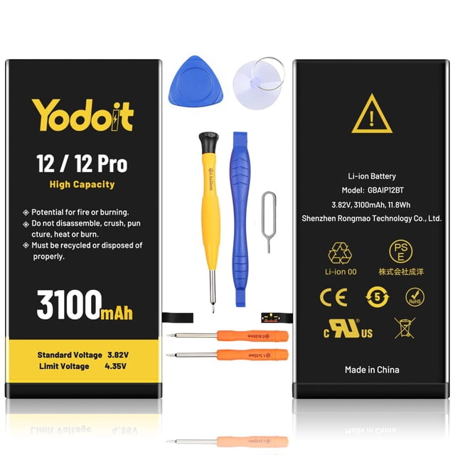 Yodoit Batería para iPhone 12/12 Pro 3100mAh Bateria Recambio, Aumento del 10% de la Capacidad de la Batería de Li-Ion 0 Ciclos con Kits de Herramientas de Reparación