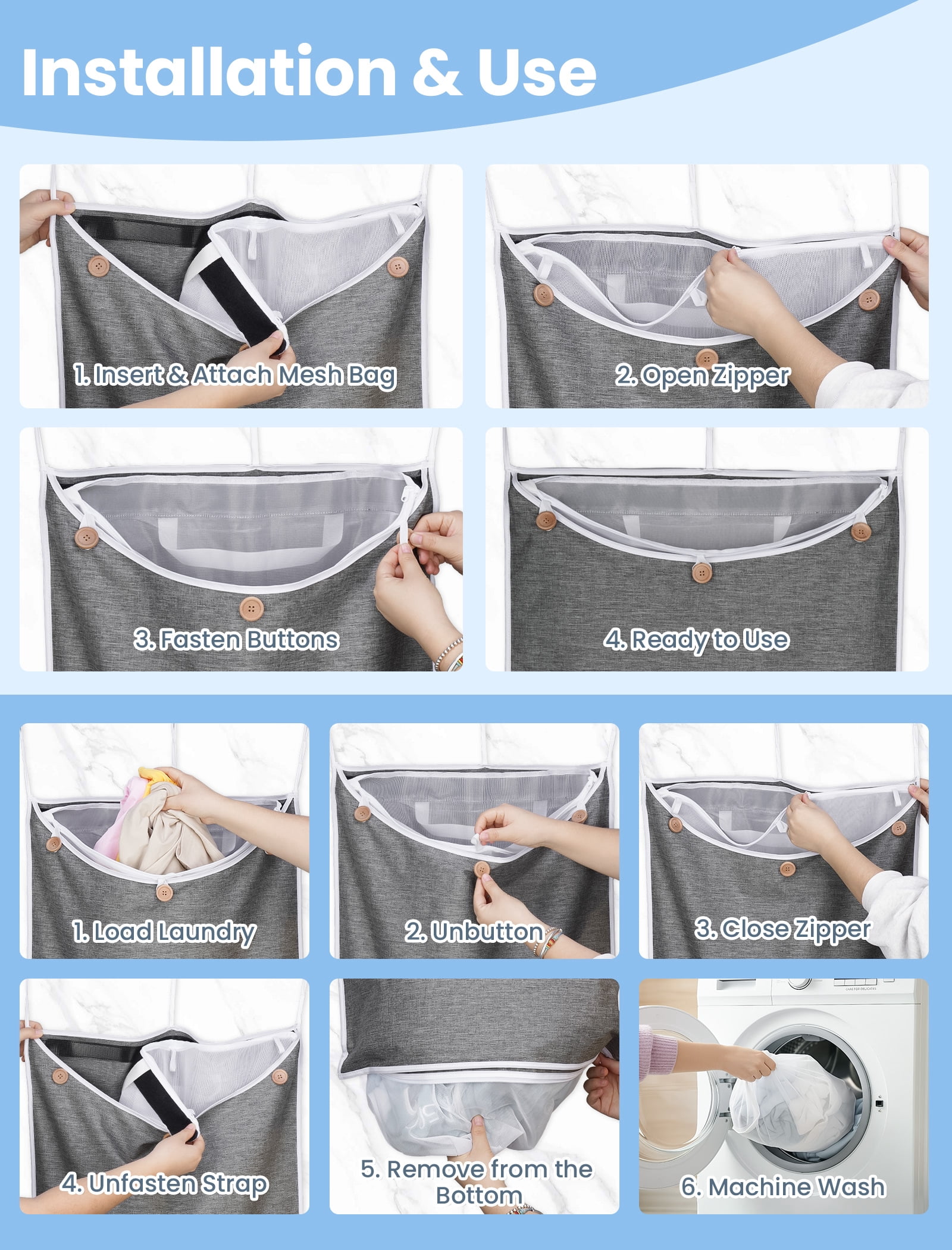 NiHome XXL Hanging Laundry Hamper Bag 39.4"x22.4" with Removable Delicates Bag, 2-in-1 Door Hamper with Dual Hooks, Wide Opening Laundry Bag for Dorm Bedroom Bathroom(Use Together or Separately)