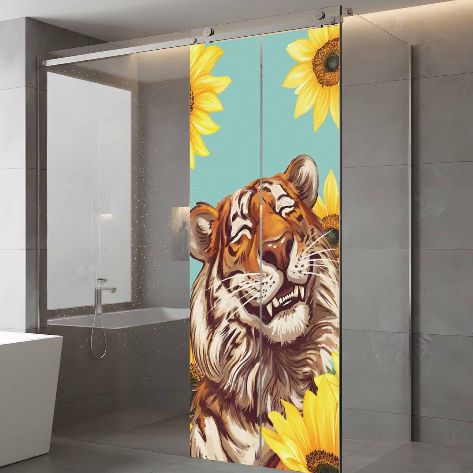 Funny Tiger Sunflower Window Privacy Film, Cartoon Summer Animal Floral Frosted Glass Window Clings Static Cling UV Heat Blocking Reusable Door Sticker for Bathroom 23.6 x 59 Inch