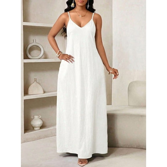 White V-Neck Spaghetti Strap Plisse Slip Maxi Dress For Women