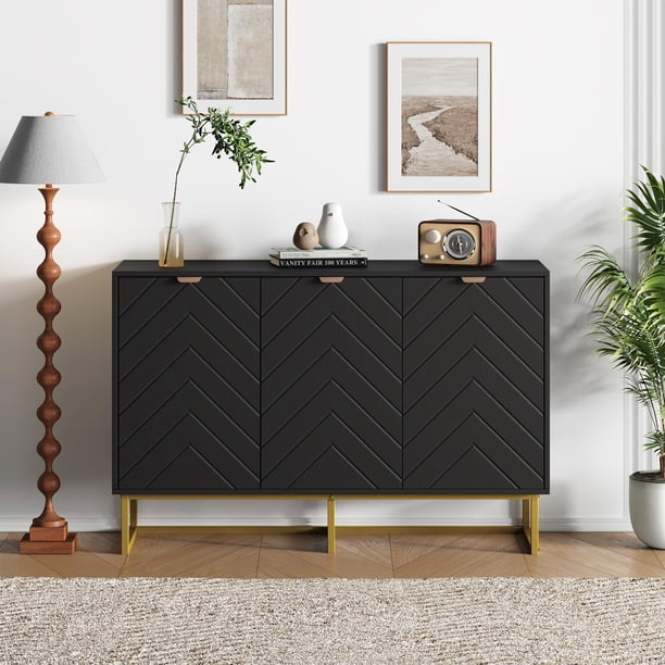 QinaQin Aparador buffet de 31.5 pulgadas con puertas en patrón espiga y repisa ajustable, mueble de almacenamiento para entrada, comedor o sala