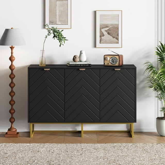 Modern Herringbone Sideboard Buffet Cabinet – White Credenza Console Table with Gold Handles, Ample Storage & Shelf for Dining Room, Living Room, Entryway – Stylish Home Furniture