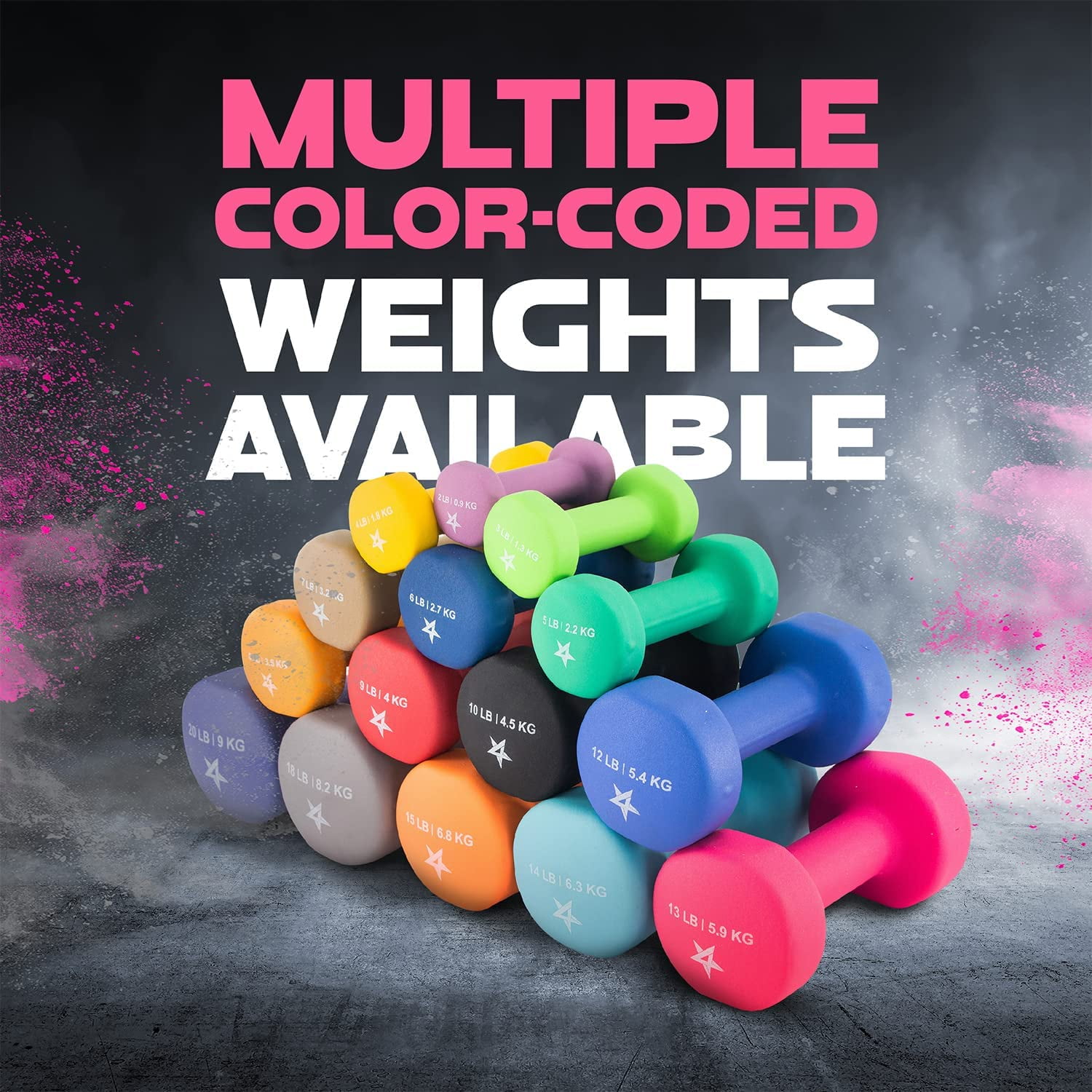 Yes4All Neoprene Coated Dumbbells Hand Weight Sets of 2, Arm Weights For Women - Multiple Weight Options with 15 Colors - Pink 13LBS