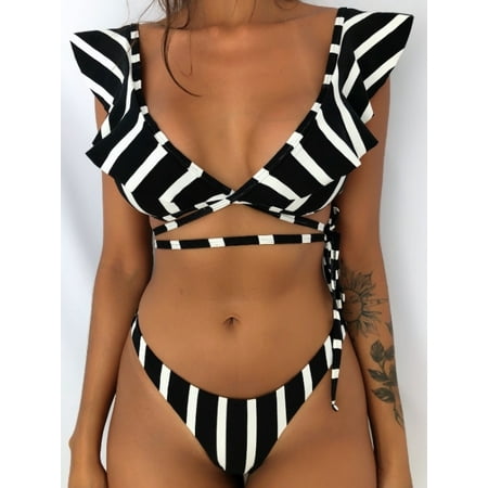 Women Sexy Floral Bikini Set Push-up Padded Bra Swimsuit Swimwear Beachwear Bathing Suit Black White