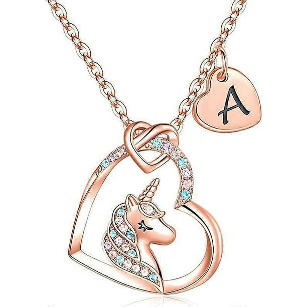 Unicorns Gifts for Girls - 14K Gold/White Gold/Rose Gold Plated Colorful CZ Heart Pendant Unicorn Necklaces for Girls Jewelry Initial Unicorn Necklace