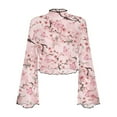 thumbnail image 6 of SCRAWLGOD Pink Butterfly Women Bell Sleeve Tops Cherry Blossom Lettuce Trim Shirt Size XL Casual Flared Summer Blouse Long Women Bell Sleeve Y2K Tops for Ladies, 6 of 7