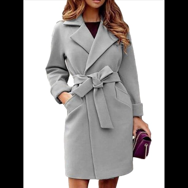Gabardina Larga para Mujer, Elegante Chaqueta de Solapa, Abrigo Informal de Otoño e Invierno con Cinturón Gris XXL