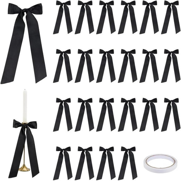 24pcs Candlestick Bows Decor Black Pre-Tied Bowknot with Double Adhesive 11.8 inch Large Ribbon Bowknot Decoration Satin Ribbon Bows