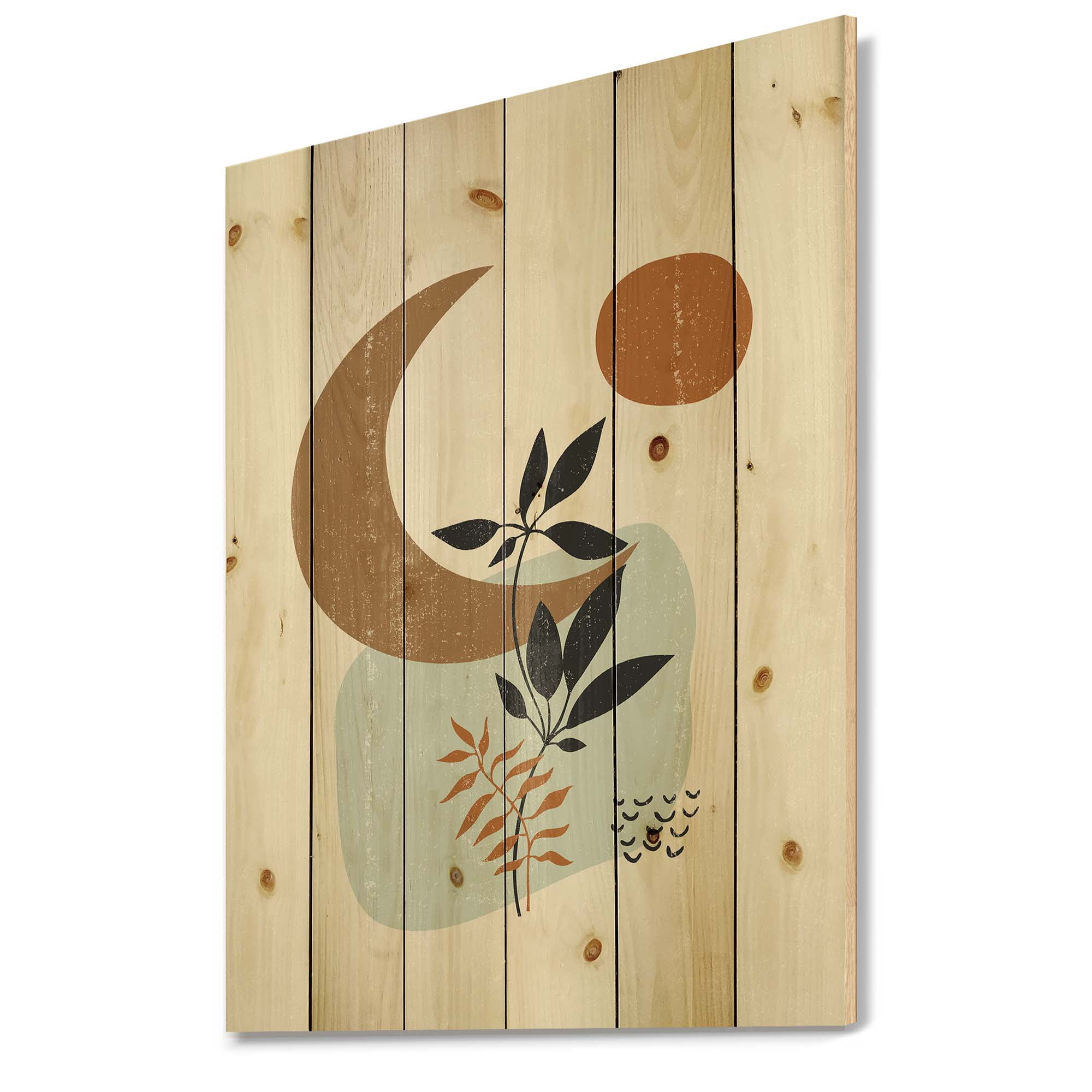 Designart 'Abstract Moon and Sun With Minimal Plants' Modern Print on Natural Pine Wood