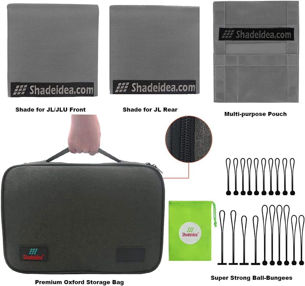 Shadeidea JL Sun Shade for Jeep Wrangler 2 Door Top Sunshade ( 2018 - Current ), Front & Rear - Gray Mesh Screen Wrangler Cover, UV Blocker with Grab Bag Pouch - 10 Years Warranty