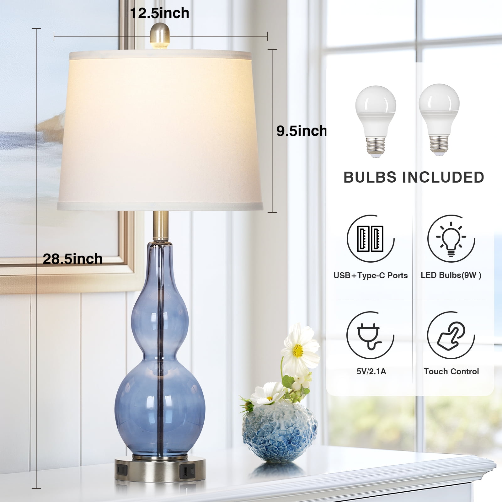 Cinkeda Coastal Table Lamps Set of 2 for Living Room Bedroom 28.5" Nautical Blue Glass Double Gourd 3 Way Dimmable Touch Control Bedside Nightstand Lamp with USB A+C Ports AC Outlet
