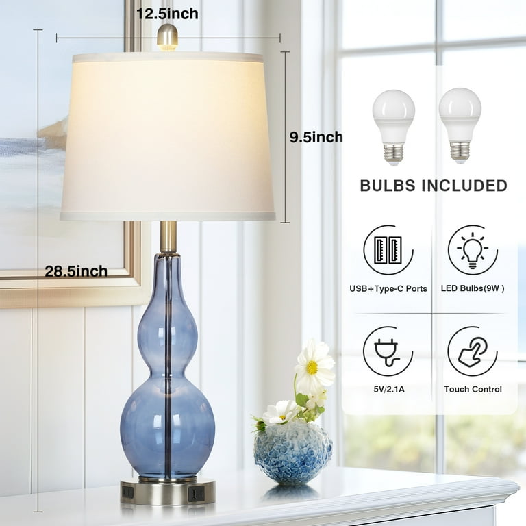Cinkeda 28.5" Coastal Glass Table Lamps with USB, Set of 2 photo 2