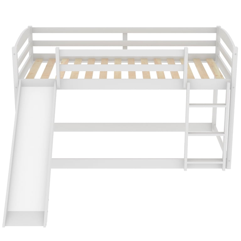 Euroco Solid Wood Twin Over Twin Bunk Bed with Slide, White photo 7