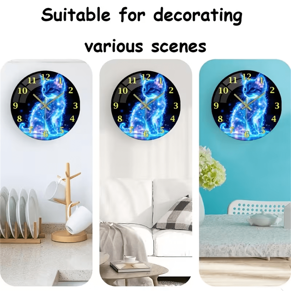 VOCOO 12 Inch NeonCat Glass Wall Clock, Non-Ticking, Battery Operated,Silent Quartz Easy-to-Read for Home, Office, Kitchen Decor