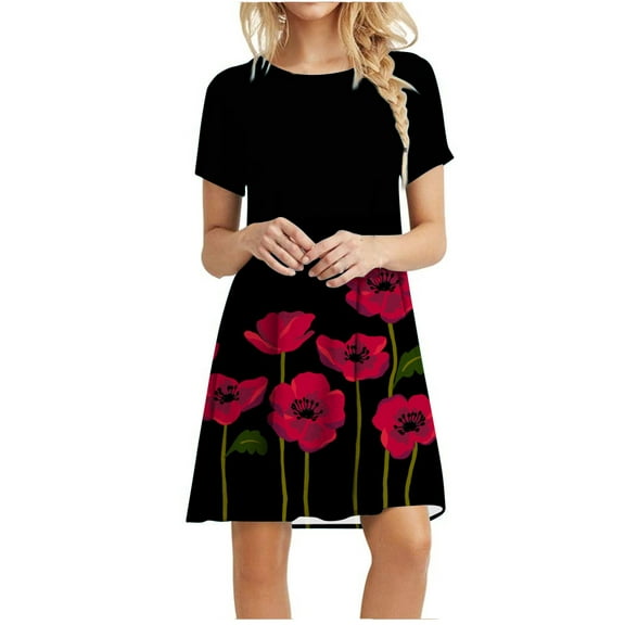 USSUMA Sundresses for Women Casual Summer - Women's Short-Sleeve Scoop Neck Swing Dress Casual Floral Printed Simple T-Shirt Dresses 2022 Summer Tunic Sun Dress