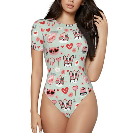 Vsdgher funny dogs and love Prinr Short Sleeve Body suit for Womens  Sexy Onesie One Piece Round Neck Bodysuit Shapewear Tummy Control-Large