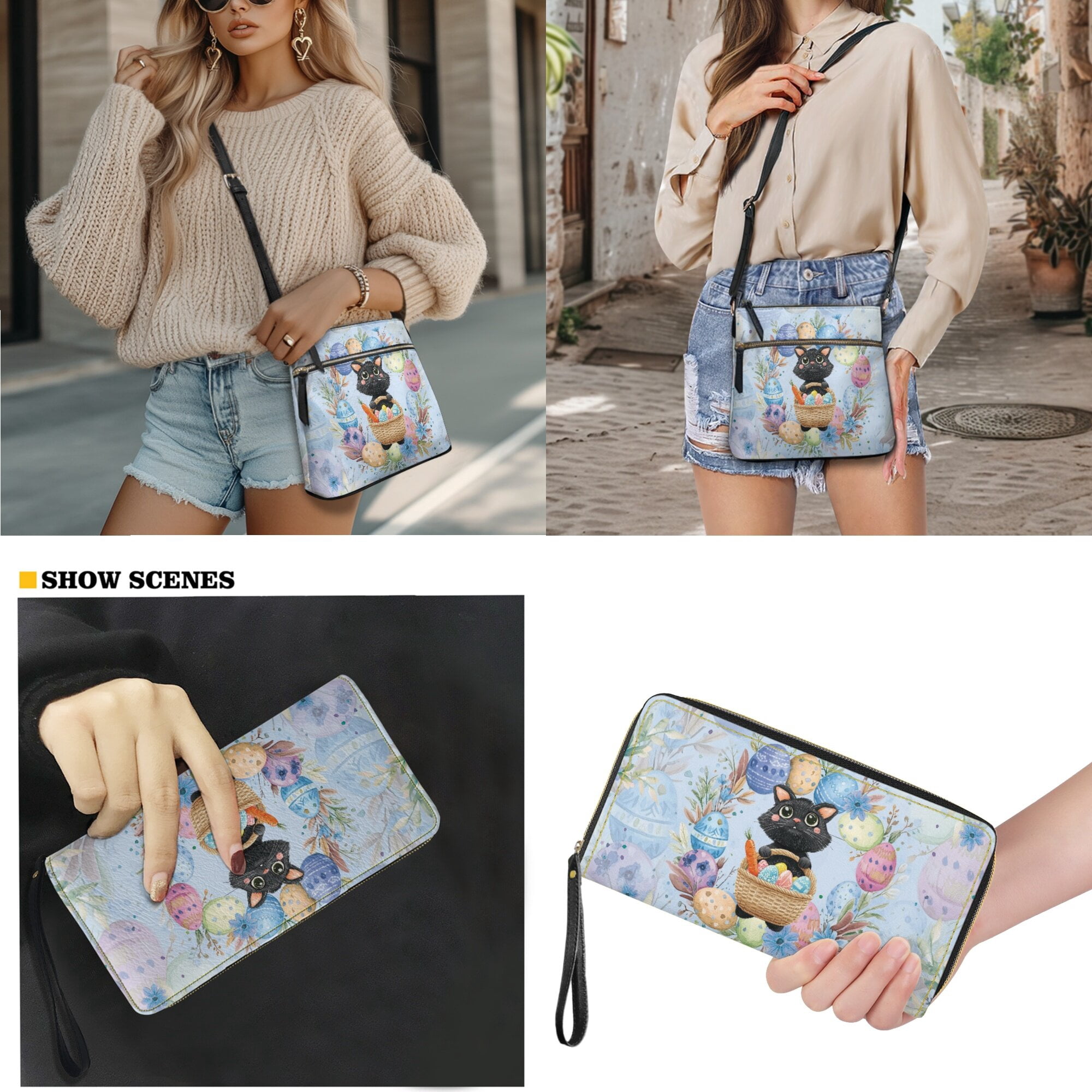 LedBack Cat Leather Satchel Purse Set for Women Easter Eggs Crossbody Purse Cute Cartoon Shoulder Hobo Bag with PU Leather Wallet for Lady, Gift for Women, Blue