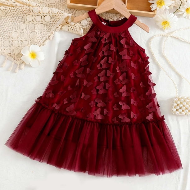 Vestido sin mangas de cuello redondo para niñas, de moda, de color liso, con cuello colgante, lazo tridimensional de malla, vestido para niñas