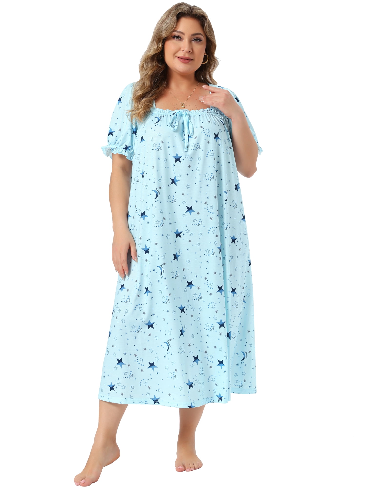 DARING DIVA Women's Plus Soft Crew Neck Cute Cherry Ruffle Nightgown 1X Light Blue
