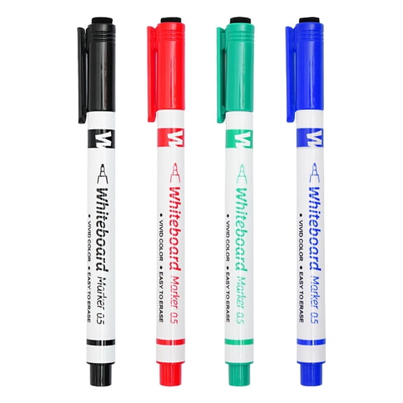 Fine Point Whiteboard Markers 0.5mm, Dry‑Erase Markers with Built‑In Eraser Tip, Water‑Based Low‑Odor Dry Erase Pens with Pocket Clip for Whiteboard, Schǒ-ǒl Office Home, Black Red Green Blue