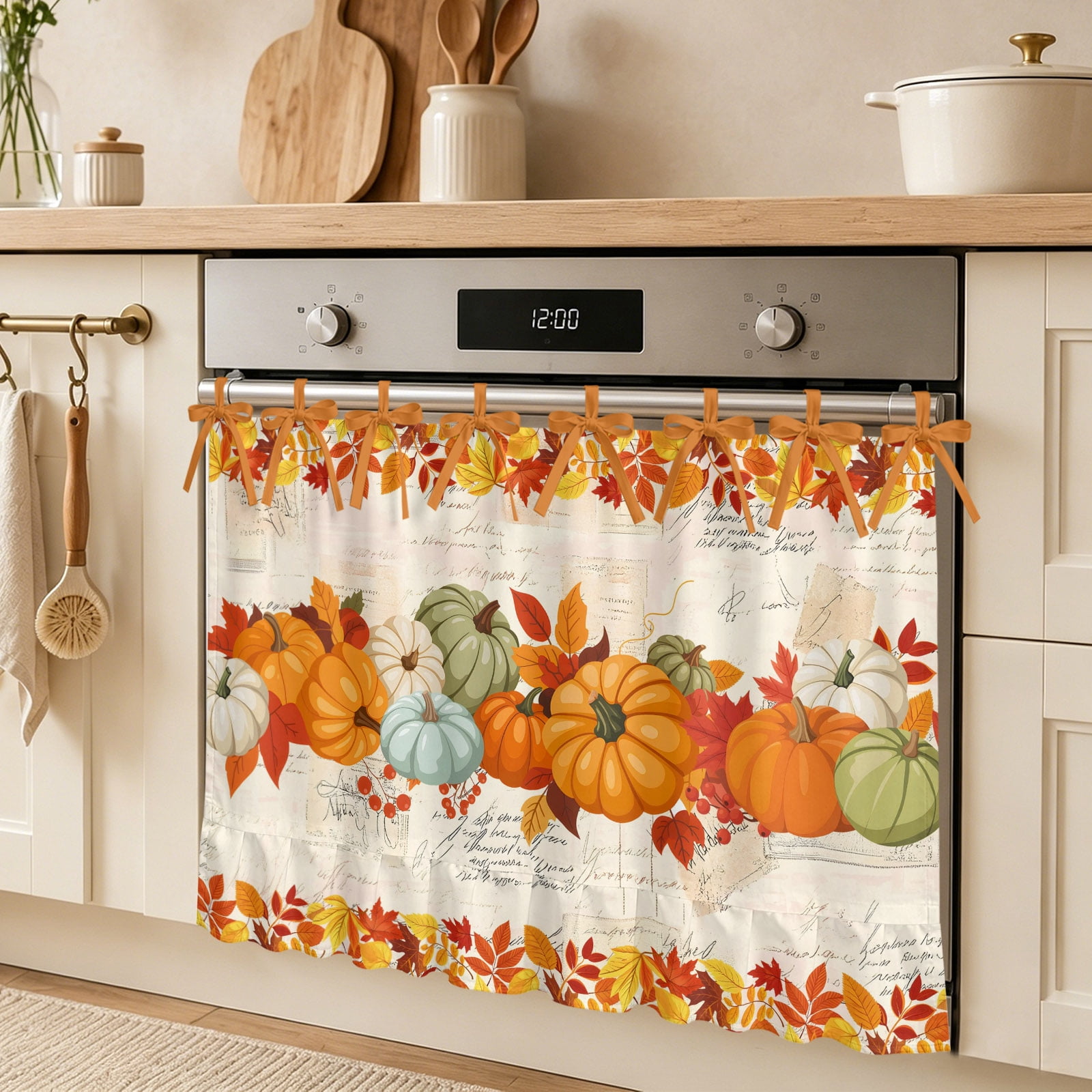 Thanksgiving Pumpkin Oven Skirt Curtain Orange Pumpkins Leaves Retro Text Tie Top Tier Curtains Stove Dishwasher Skirt Small Window Drapes for Kitchen Bathroom Cafe 32 x24