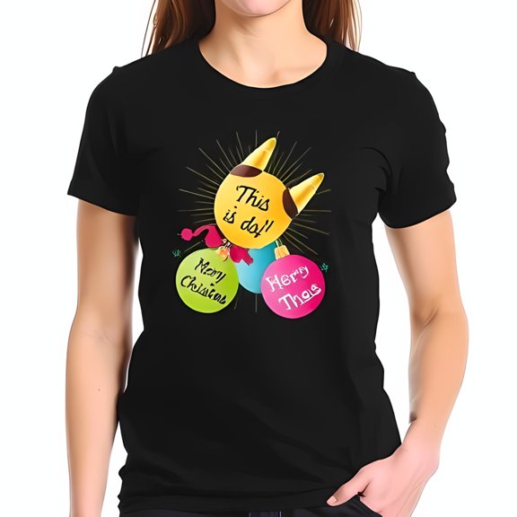 Festive Cotton Short Sleeve T-Shirt with Vibrant " This is it Merry Christmas " Graphic Colorful Ornaments & Joyful Design for Holiday Celebrations