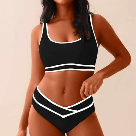 HongQid High Waisted Bikini Sets for Women Sporty Two Piece Swimsuits Color Block Cheeky High Cut Bathing Suits
