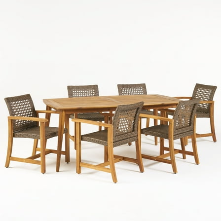 Ruben Outdoor 6 Seater Acacia Wood Dining Set, Teak Finish, Mixed Mocha