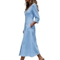 thumbnail image 6 of Ayolanni 3/4 Sleeve Fall Dresses for Women V Neck Cotton A-Line Maxi Dresses Formal Work Solid Button Down Long Dress with Pockets Blue S, 6 of 7