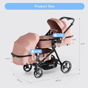 Reasea Foldable Double Stroller, Convertible Twin Stroller with Cup Holder, Double Infant Stroller for Newborn and Toddler, Pink