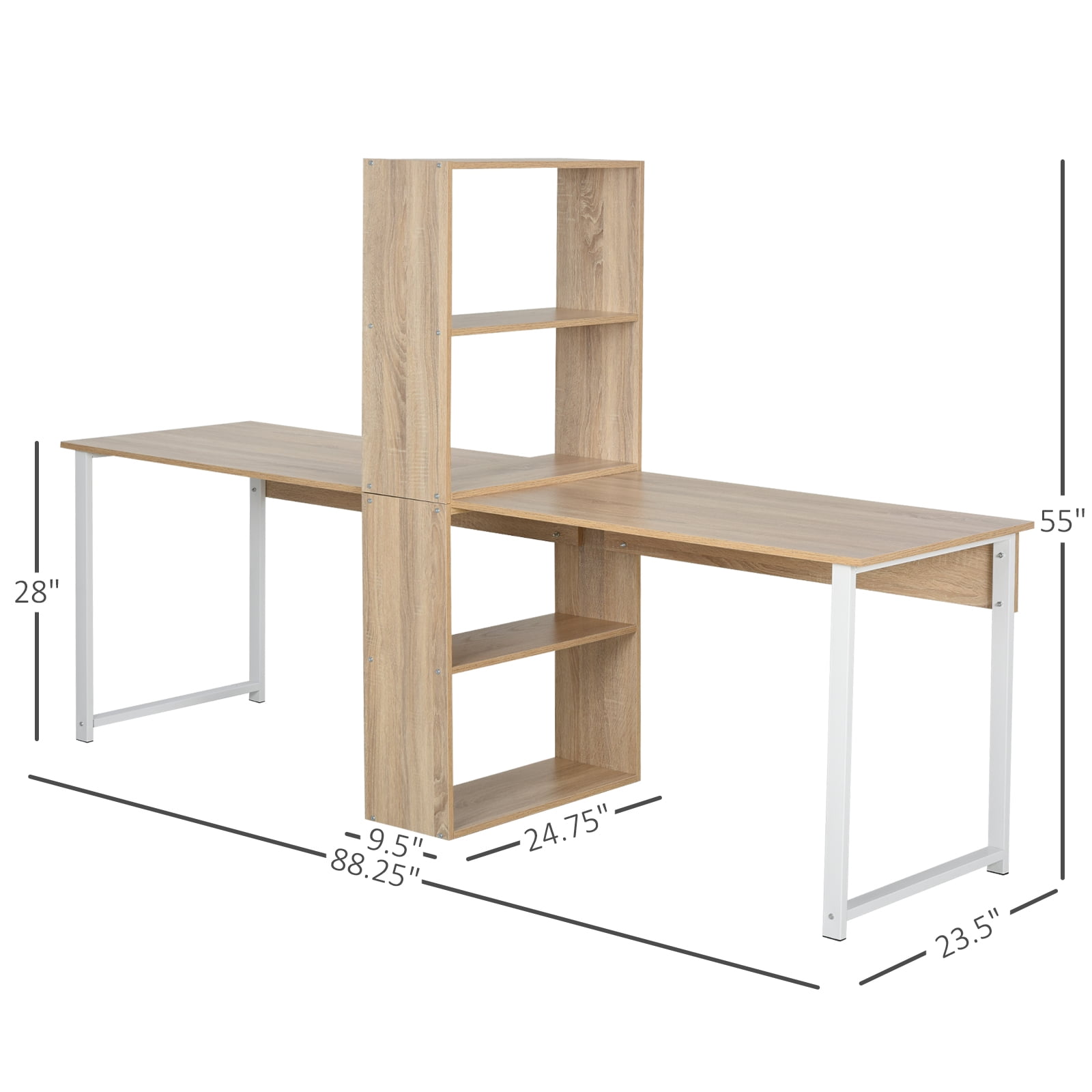 HomCom 88" Extra Long 2-Person Computer Desk with Bookshelf Combo Double Workstation Storage Unit Home Office Natural Wood