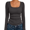 thumbnail image 3 of Womens Long Sleeve Shirts Square Neck Tops Ribbed Knit Basic Crop Tops Fall Outfits Fashion Clothes Dark Gray L, 3 of 8