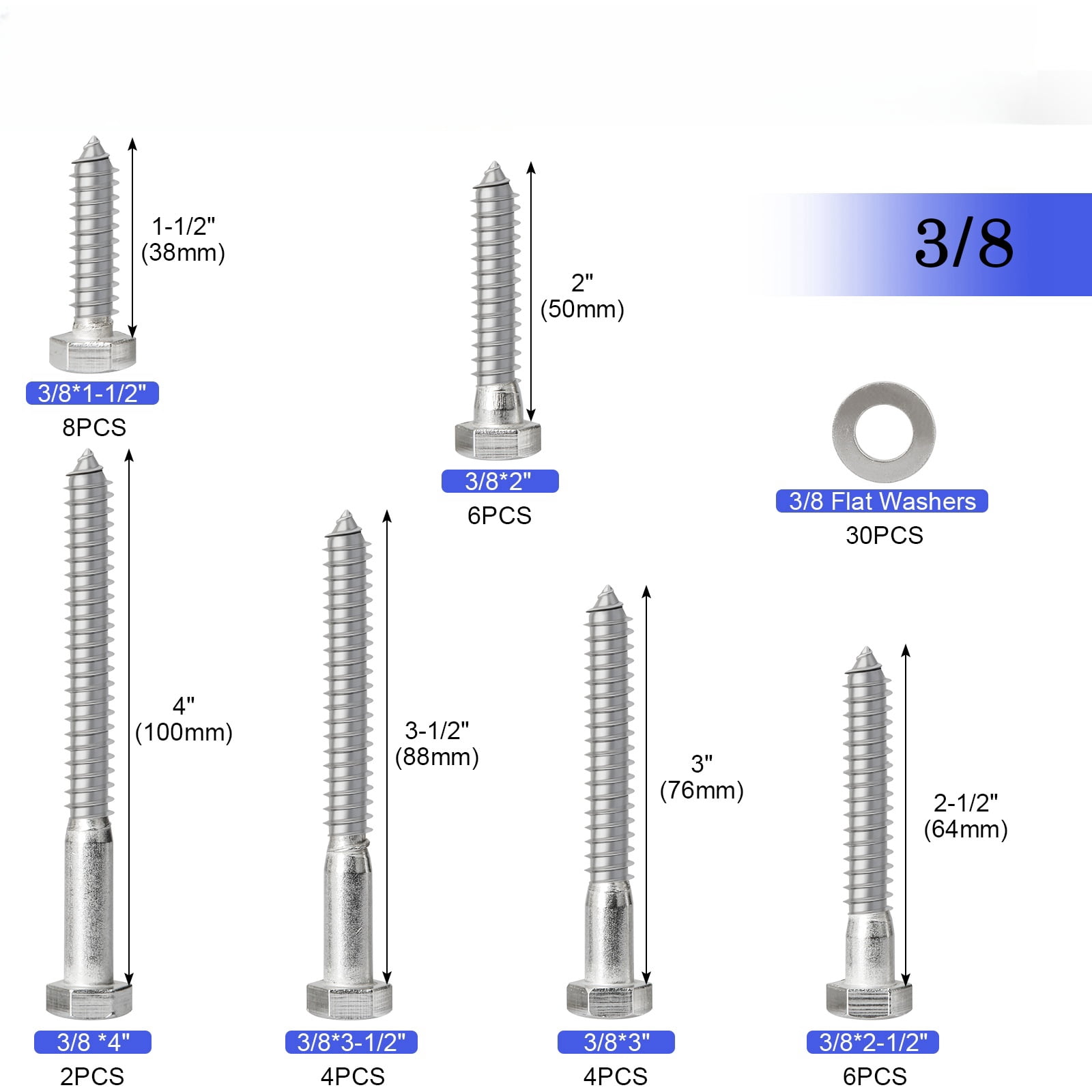 30) Hex Head 3/8 x 12 Lag Bolts Zinc Plate Wood Screws
