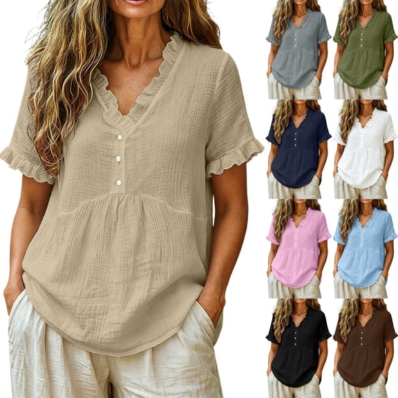 VBVC Women's Ruffled V-Neck Breathable Blouse, Ladies' Short Sleeve Button Babydoll Shirt, Casual Loose Fit Summer Top For Women,White,S-3XL