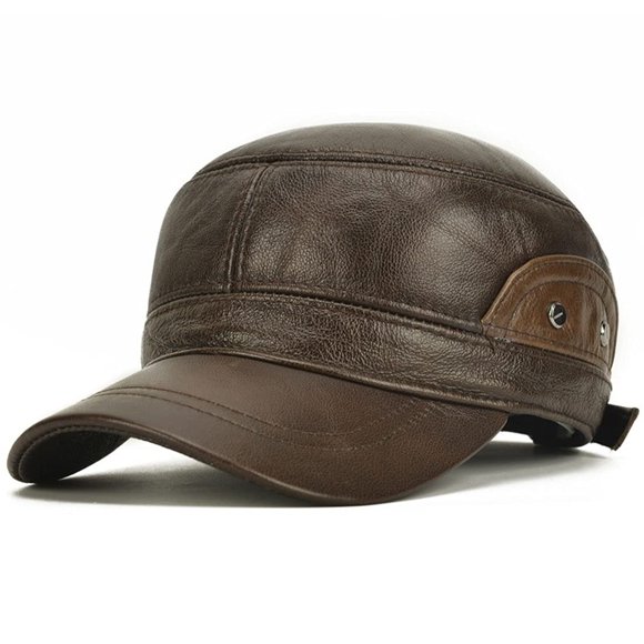 Genuine Leather Peaked Cap Retro Fleece Lining Cadet Hat Adjustable Military Hat Flat Cap Casquette For Winter Cold Protection