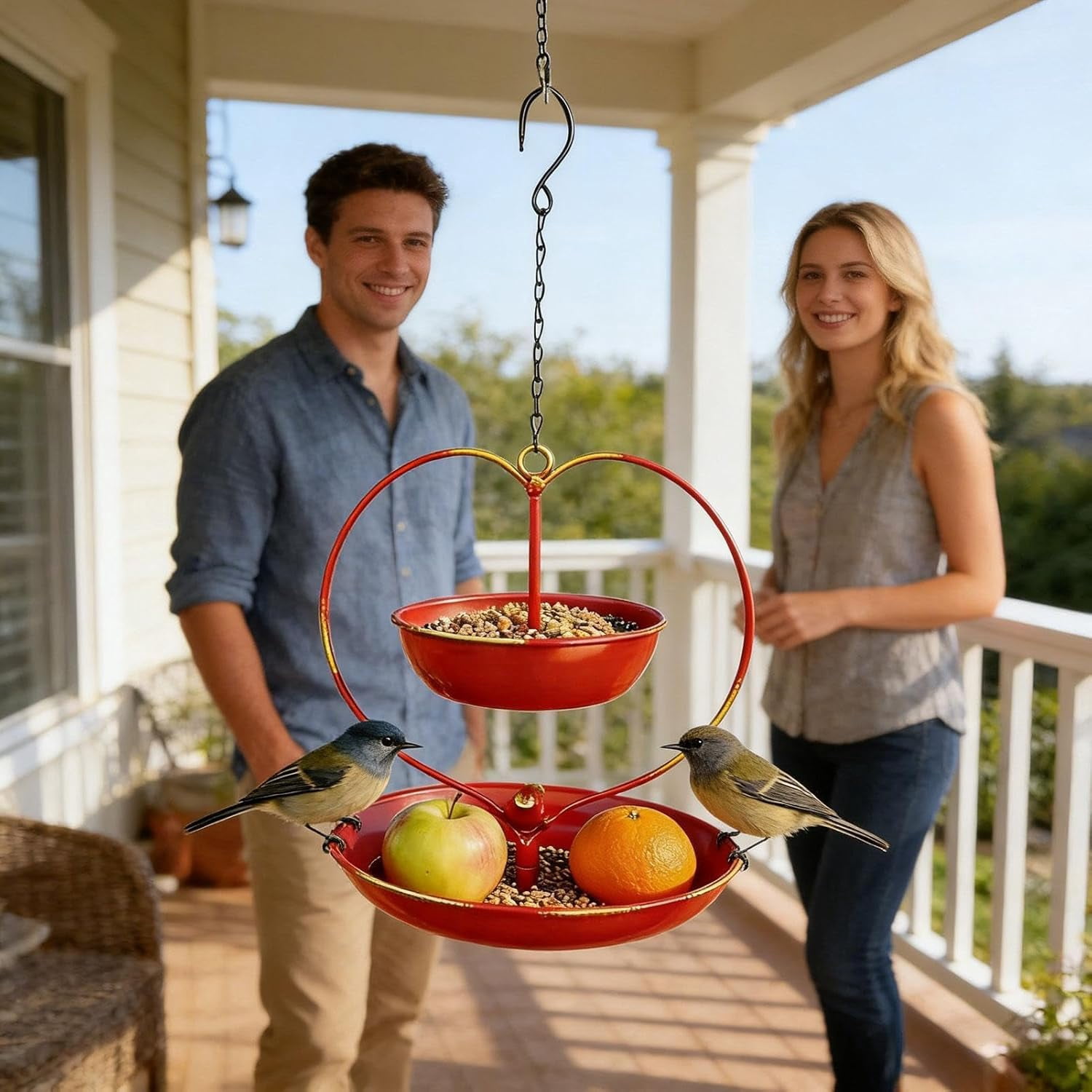 Heart-Shaped Hanging Bird Feeder, Double Layer Iron Feeder for Outdoor Garden, Retro Balcony Decor, Wildlife Accessory for Backyard Bird Feeding