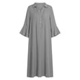 thumbnail image 4 of FDGIU Women's Collared V Neck Half Button Bell 3/4 Sleeve Loose Linen Midi Dress, Casual Office Work Spring Fall Home Lounge Straight Mid Length Dresses, 4 of 6